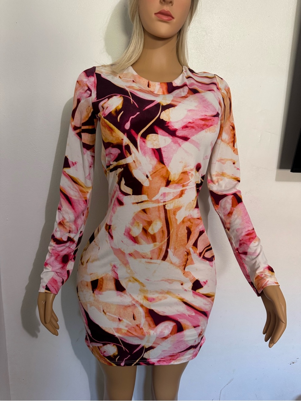 Abstract Floral Bodycon Dress - Pink & White